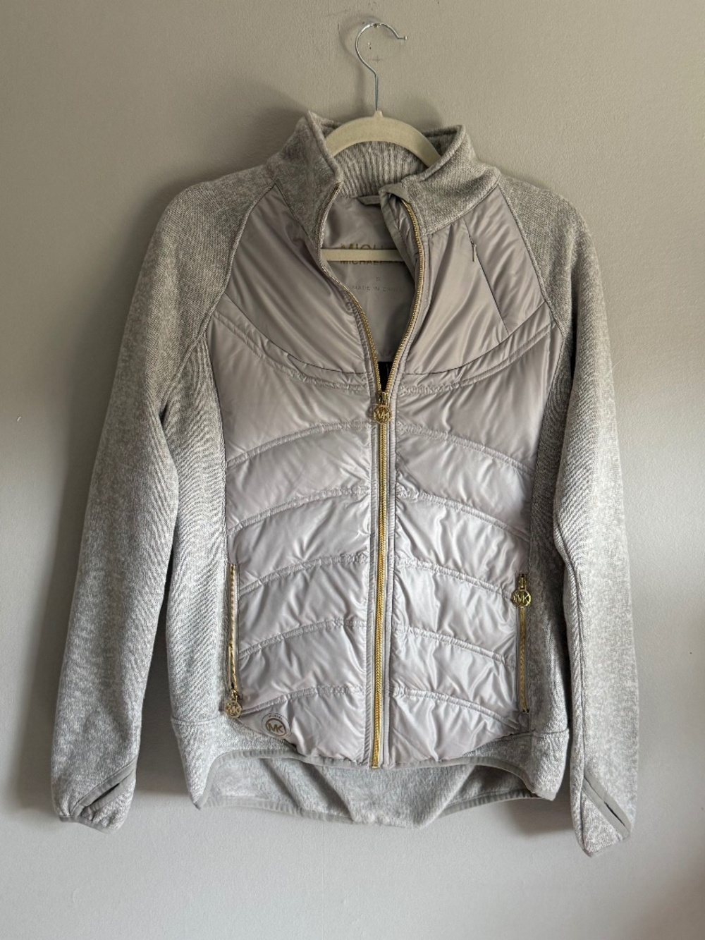 Michael Kors Mixed Media Lightweight Down Jacket Gray Gold Size S